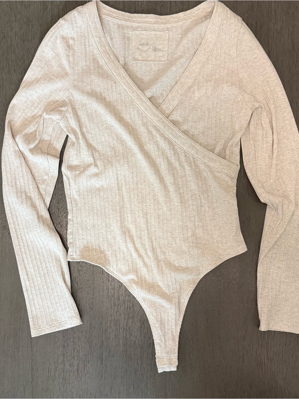 aerie Ribbed Wrap-Front Long Sleeve Bodysuit in Light Beige